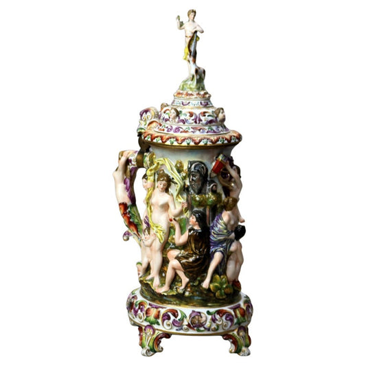 Oversized Antique Majolica Figural Footed Tankard with Classical Scene c1890