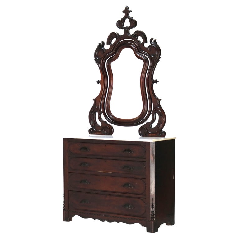 Antique Victorian Rococo Revival Walnut Marble Top Four-Drawer Dresser