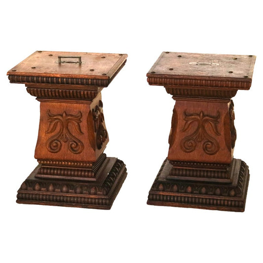 Pair of Antique RJ Horner Attr. Foliate Carved Oak Sculpture Pedestals C1900