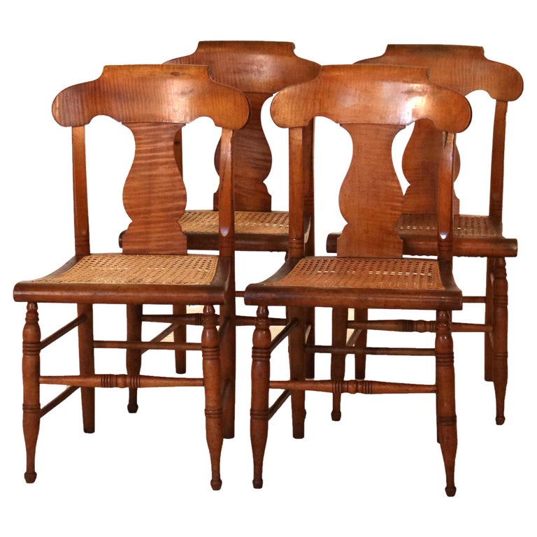 Four Antique Smith Ely, NY Tiger Maple & Cane Seat Dining Chairs C1870
