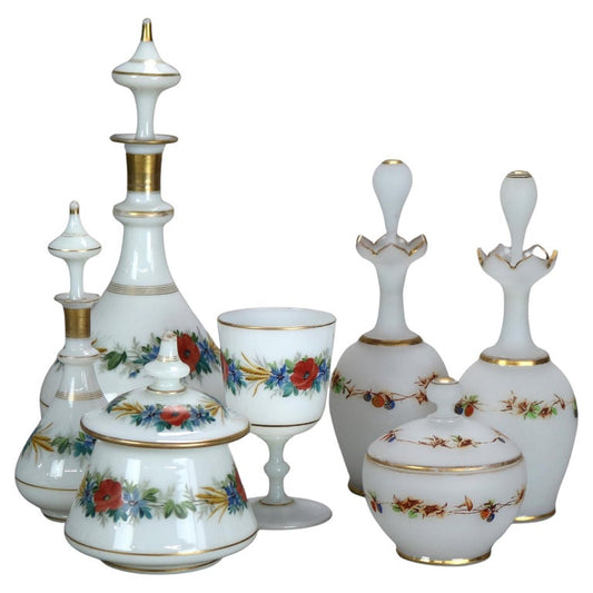 Seven Antique Floral Hand Painted & Gilt Opaline Glass Dresser Vessels C1900