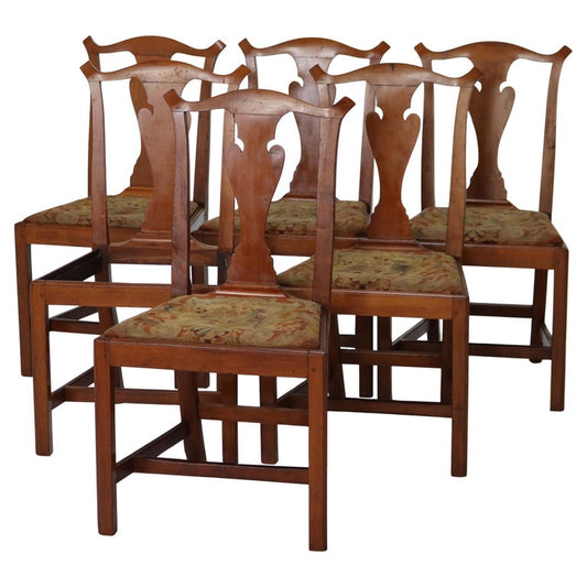Six Antique Chippendale Cherry Slat-Back Dining Chairs with Tapestry Seats C1800
