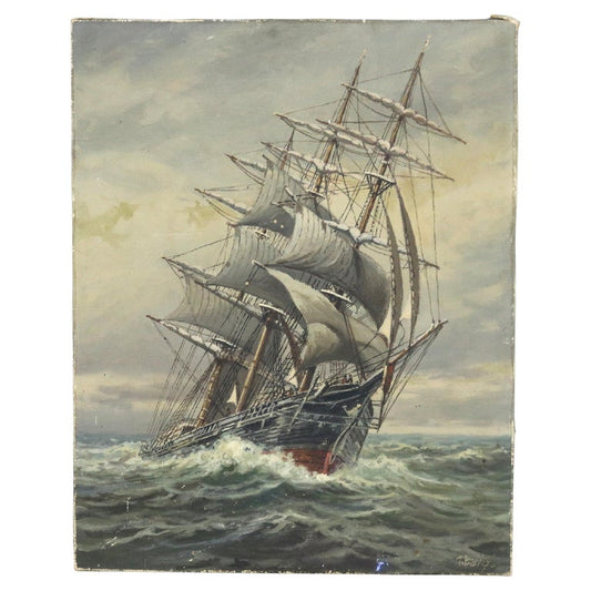 Antique Oil On Canvas Seascape Painting of a Tall Masted Ship by T. Bailey C1900