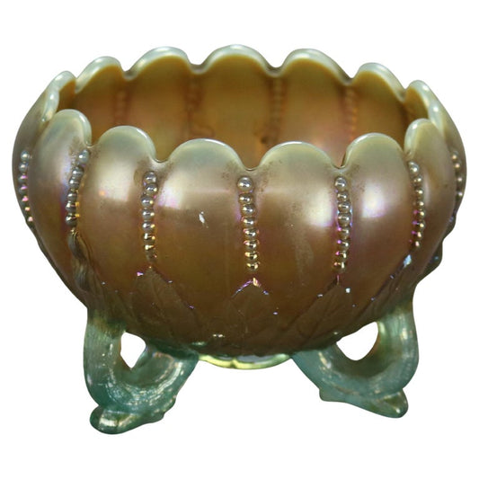 Antique Northwood Carnival Aqua Opalescent Glass Footed Bowl C1920