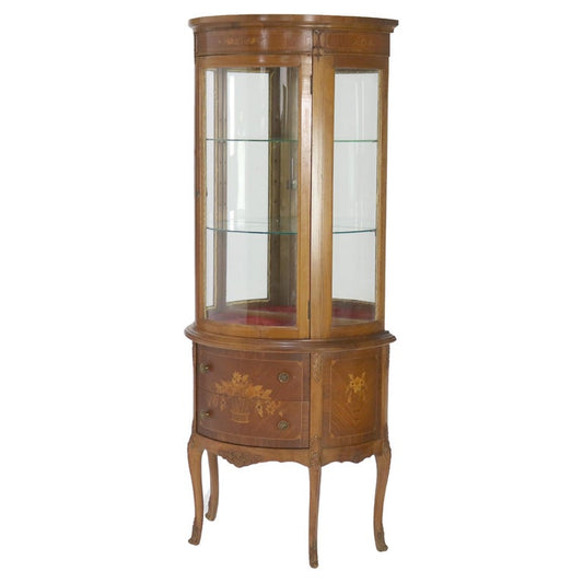 Antique French Louis XV Mahogany & Satinwood Vitrine with Floral Marquetry C1890