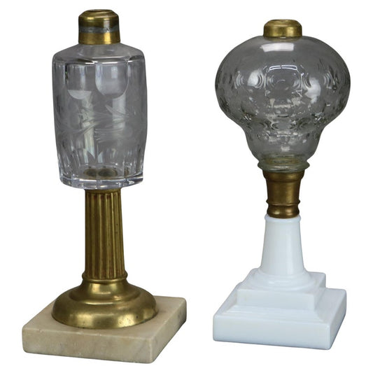 Two Antique Etched & Cut Glass Brass Kerosene Lamps with Marble Bases C1880