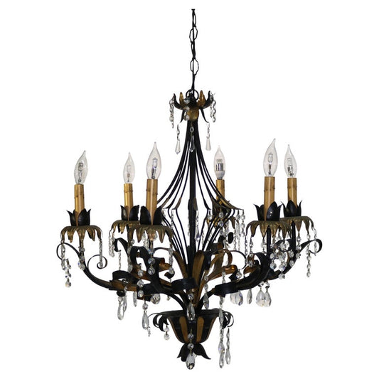 Vintage Ebonized & Gold Gilt Six-Light Foliate Form Crystal Chandelier C1940