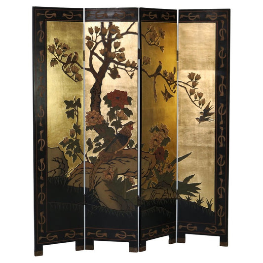 Vintage Japanese Black Lacquered, Gilt & Polychromed Four Panel Folding Screen