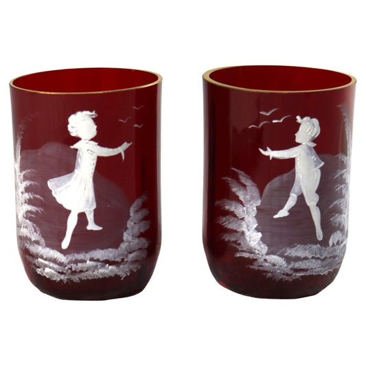 Pair Antique Mount Washington Enameled Cranberry Juice Glasses with Girl & Boy