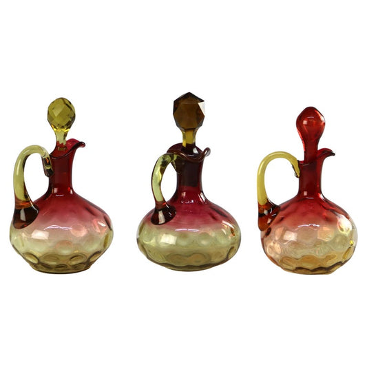 Three Antique Amberina Coinspot Art Glass Cruets C1900