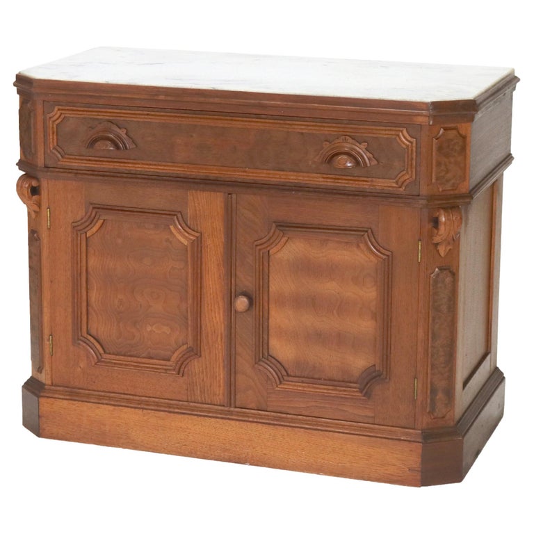 Victorian Carved Walnut & Burl Marble Top Commode C1890