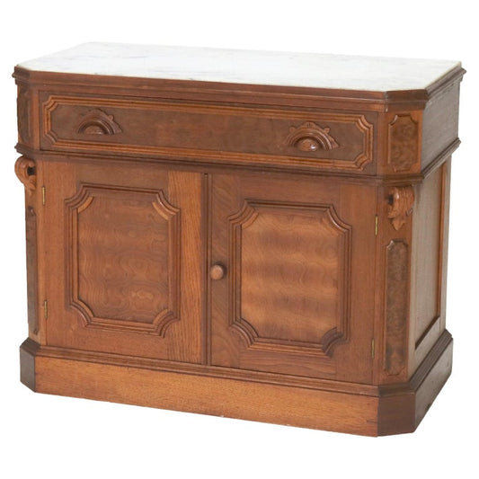 Victorian Carved Walnut & Burl Marble Top Commode C1890