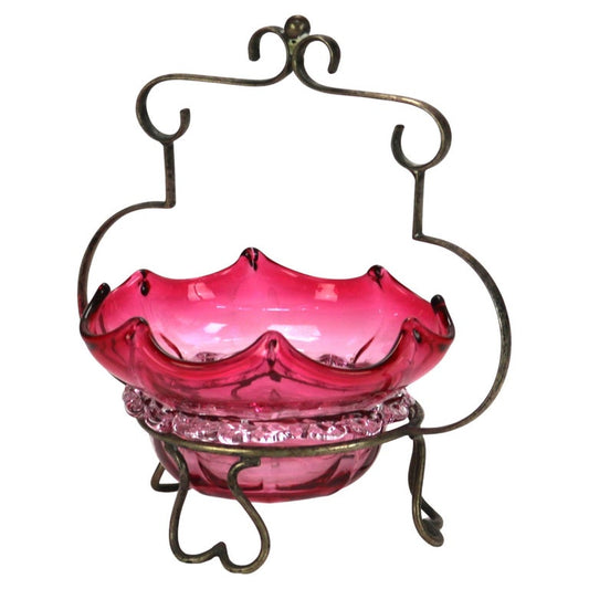 Antique Cranberry Art Glass and Silver Plate Basket C1890