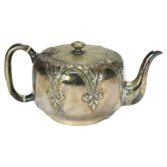 Antique Silver Plated Teapot with Foliate Engraving C1890