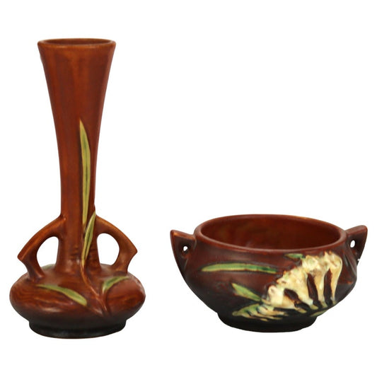 Two Roseville Art Pottery Brown Vase & Bowl with Freesia Pattern Mid 20thC