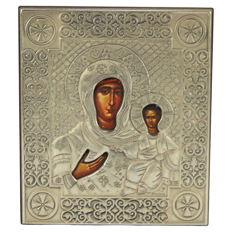 Russian Religious Icon Portrait of Mary & Baby Jesus Encased In Sterling Silver