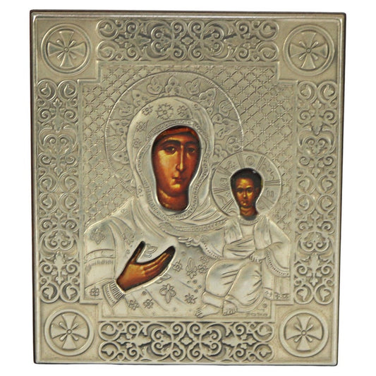 Russian Religious Icon Portrait of Mary & Baby Jesus Encased In Sterling Silver