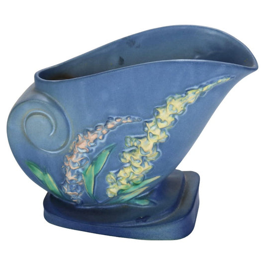 Roseville Art Pottery Blue Cornucopia Vase With Foxglove Pattern Mid 20thC