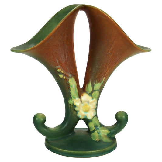 Roseville Art Pottery Brown And Green Double Cornucopia Vase with White Rose
