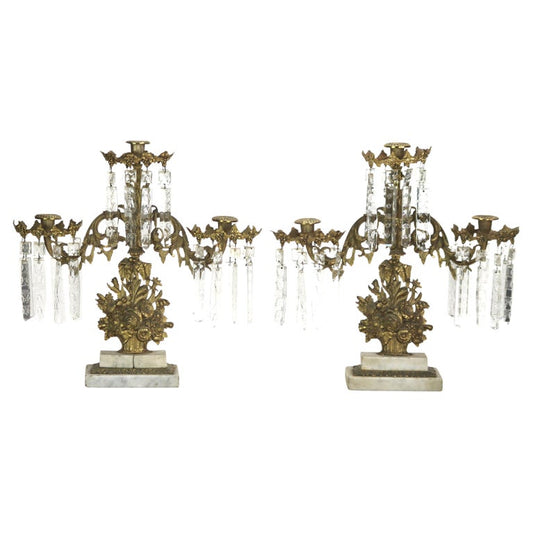 Pair of Antique Bronze & Crystal Three-Light Floral Basket Girandoles C1880