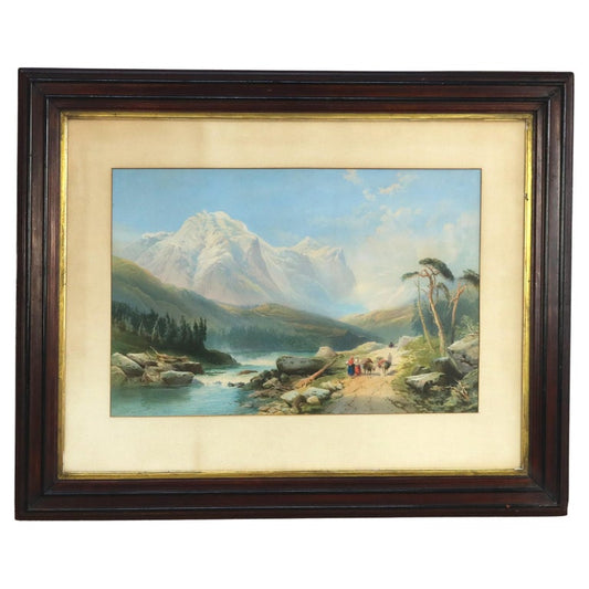 Antique Italian Watercolor Landscape Scene With Ebonized Walnut Frame C1890