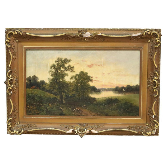 Antique Oil On Canvas Landscape Farm Scene C1890