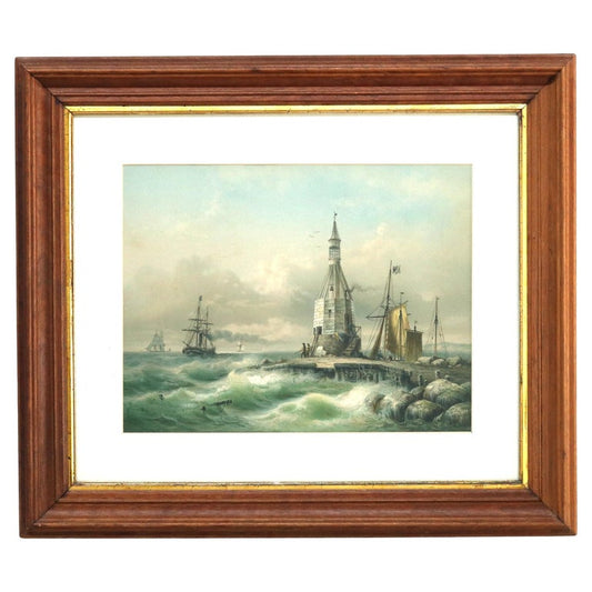 Antique German Lighthouse Seascape Print with Parcel Gilt Walnut Frame 19thC
