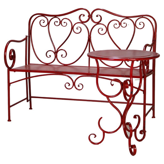 Vintage Red Painted Wrought Iron Garden Bench & Table Set C1950