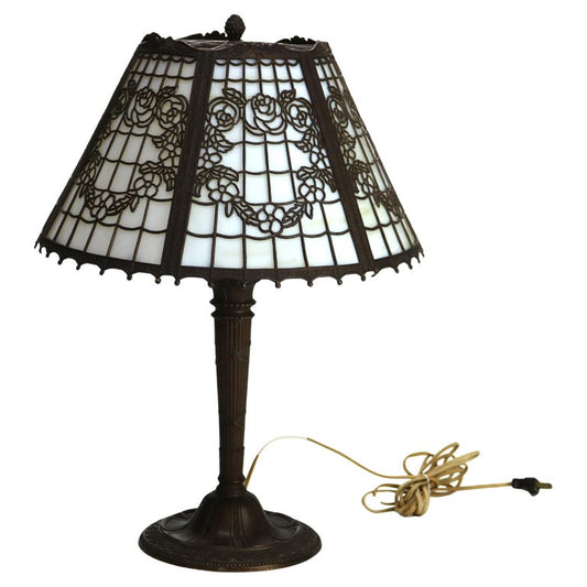 Antique Bradley & Hubbard School Six-Panel Slag Glass Table Lamp c1920