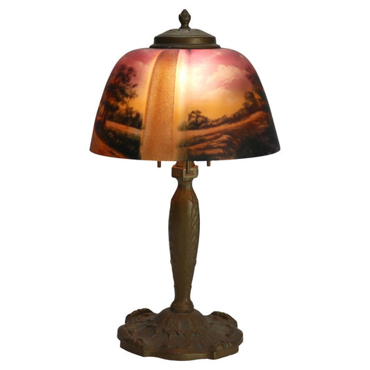 Antique Pittsburg Linen Fold Reverse Painted Landscape Table Lamp C1920