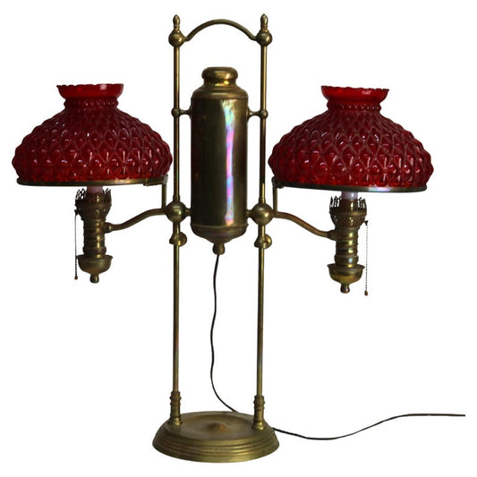 Antique Harvard Brass Double Student Lamp With Ribbed Red Shades