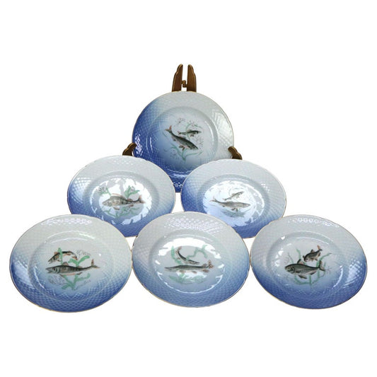 Six Pieces Antique Bing & Grondahl Porcelain Plates with Fish Pattern C1920