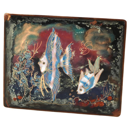 Antique Arts & Crafts Copper Enameled Box with Fish Pattern Signed C1910