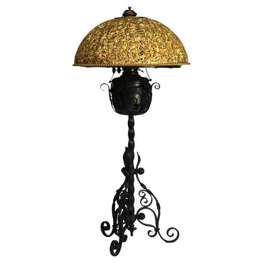 Antique Arts & Crafts Wrought Iron Table Lamp with Red Glass Shade C1920