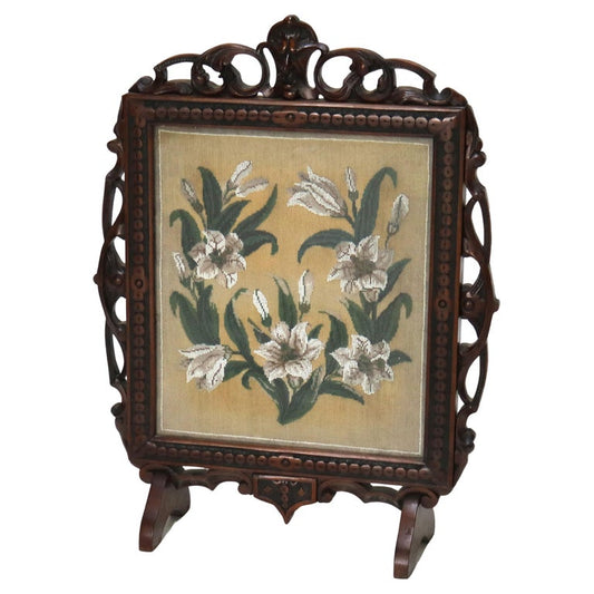 Antique Renaissance Revival Figural Carved & Needlepoint Fireplace Screen C1900