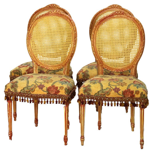 Four Vintage Louis XV Polychromed & Pressed Cane Parlor Chairs C1940