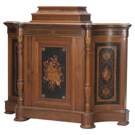Antique Renaissance Revival Carved Walnut & Ormolu Credenza With Marquetry c1880