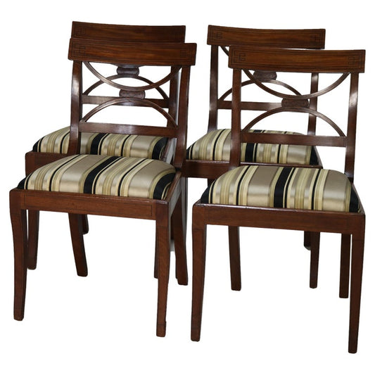 Four English Regency Mahogany & Ebony Inlay Splat Back Dining Side Chairs c1830