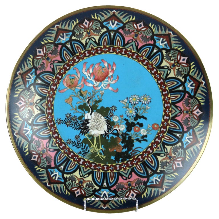 Antique Japanese Cloisonne Charger with Marsh Scene & Heron c1920