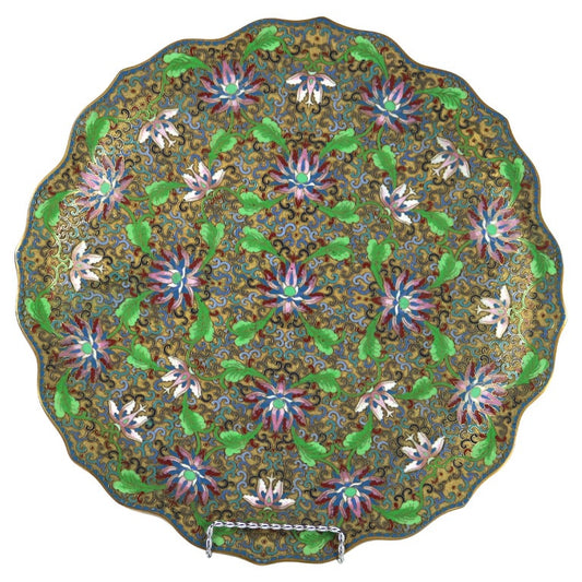 Antique Chinese Cloisonne Scalloped Edge & Reticulated Floral Charger c1920