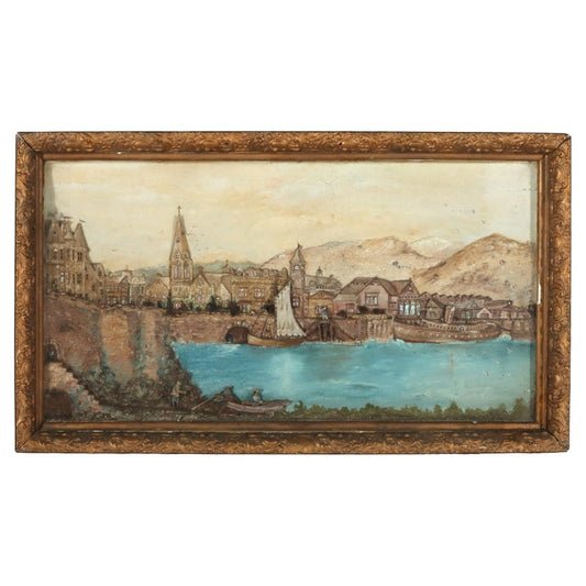 Antique 3D River Town Harbor Scene Diorama C1880