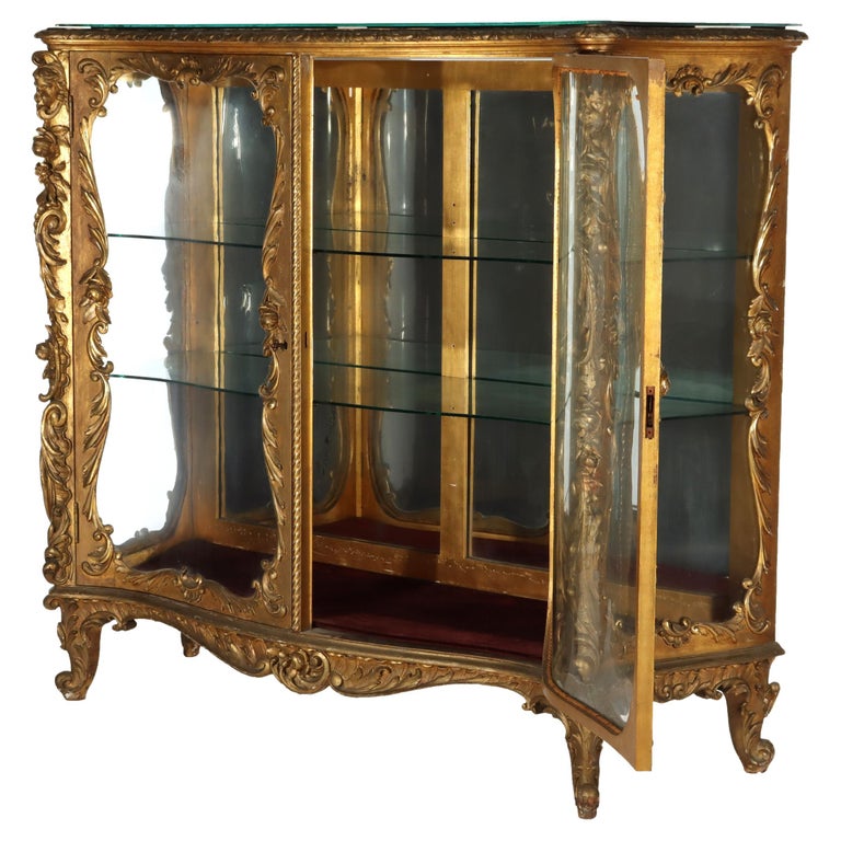Antique French Louis XIV Style Rococo Figural & Floral Carved Gilt Wood Vitrine
