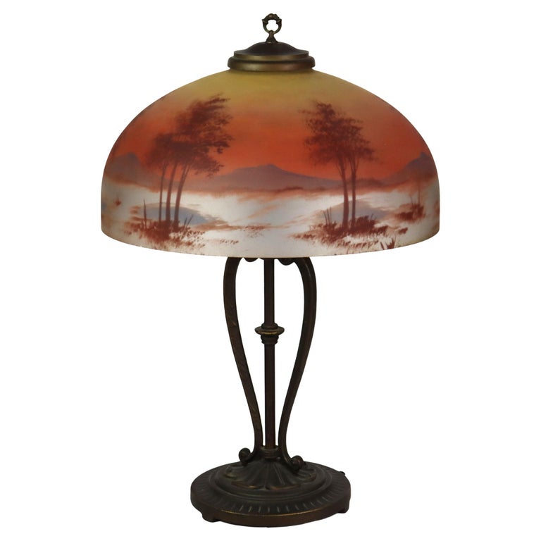 Antique Handel School Reverse Painted Scenic Table Lamp C1920