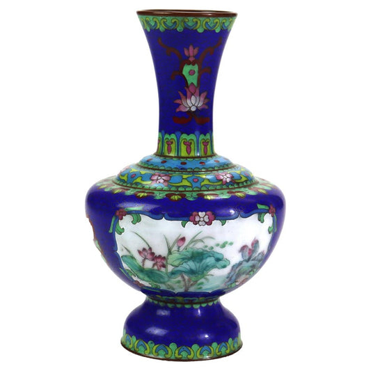 Antique Cloisonne Vase with Landscape Scene & Floral Elements C1920