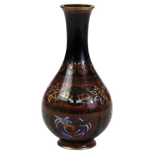 Antique Cloisonne Bottleneck Vase with Bird, Butterfly & Garden Flowers C1920