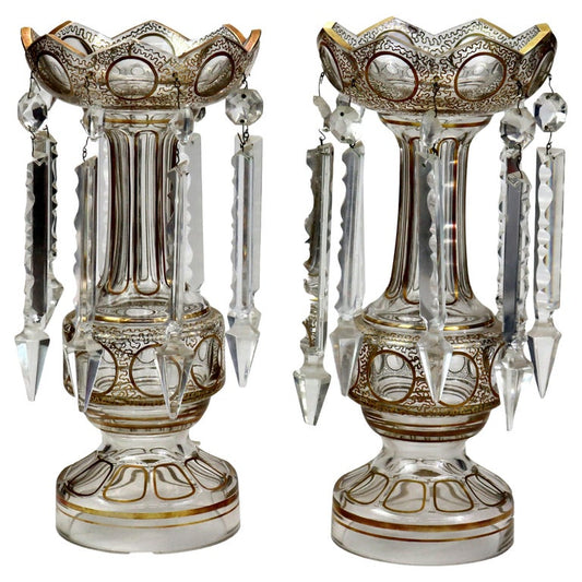 Pair of Victorian Gilt Decorated Glass Mantle Lusters with Crystals c1890
