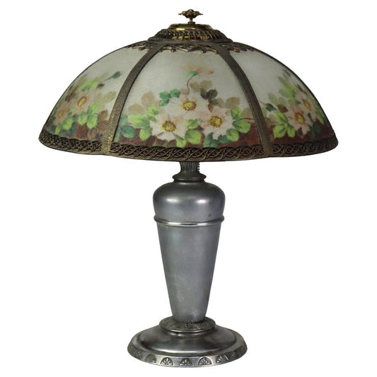 Antique Bradley & Hubbard Reverse Painted Floral Dogwood Table Lamp C1920