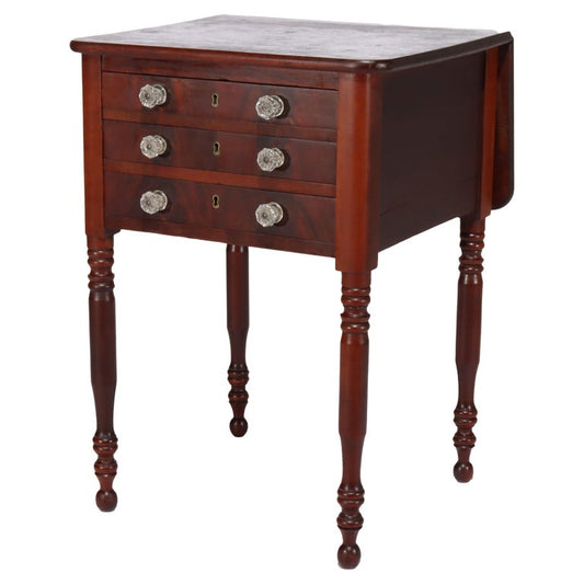 Antique Sheraton Cherry Three Drawer Work Stand with Drop Leaf C1850