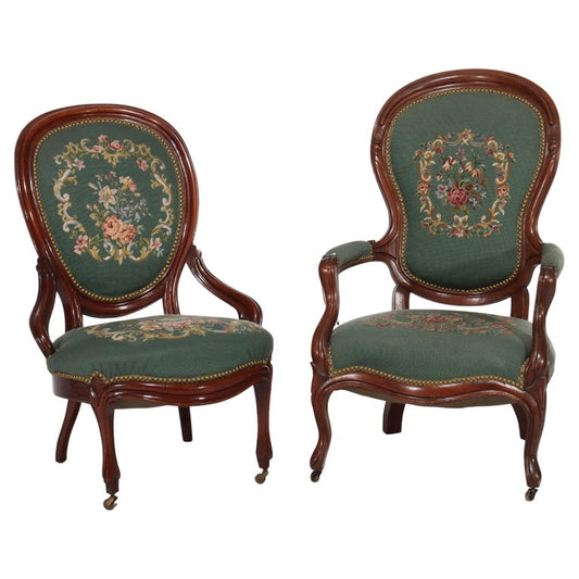 Pair Renaissance Revival Carved Walnut & Needlepoint Parlor Armchairs C1880
