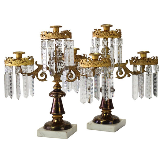 Pair of Antique Brass, Crystal & Marble Giradoles C1920